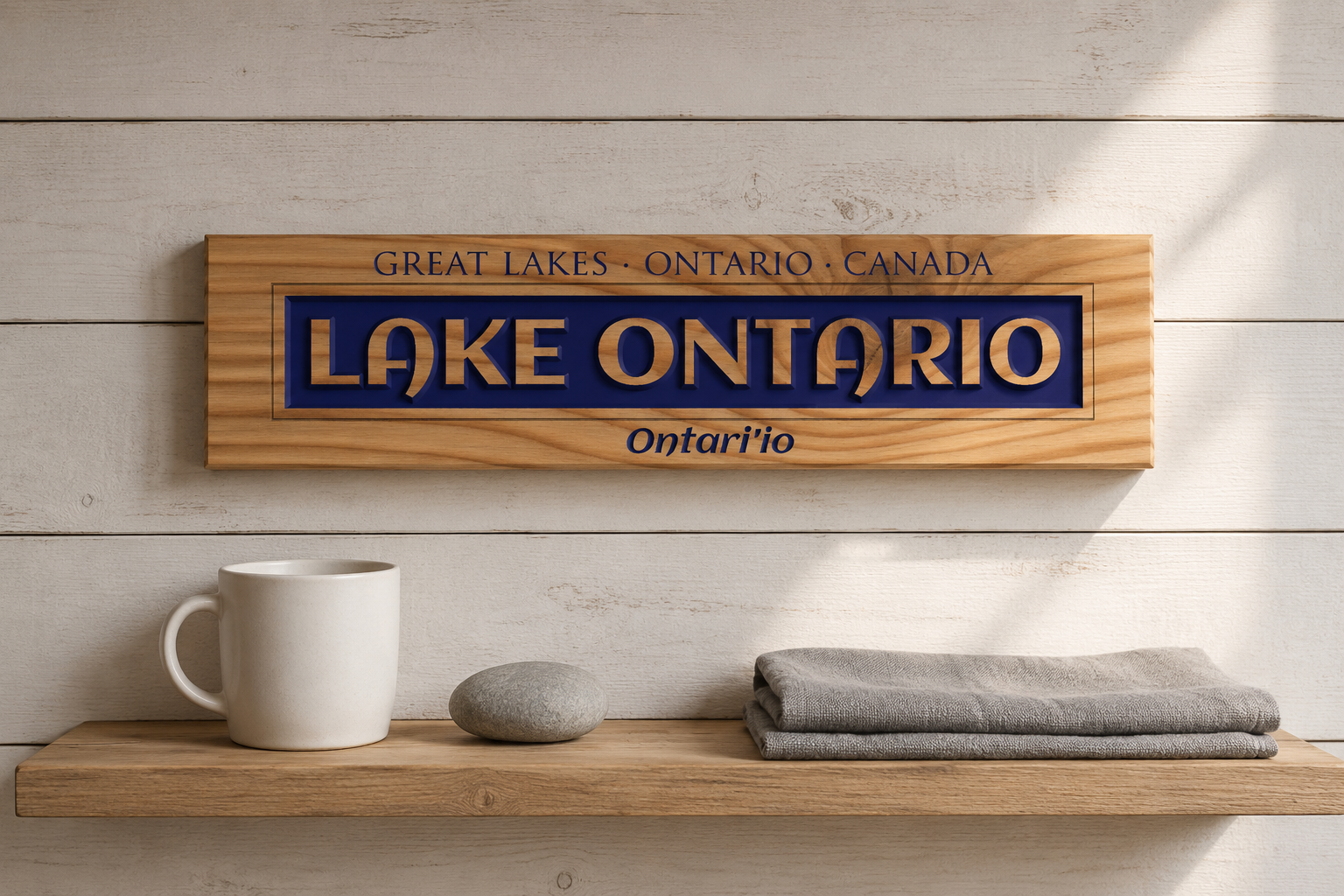 Lake Ontario wood sign hung on whitewashed shiplap cottage wall