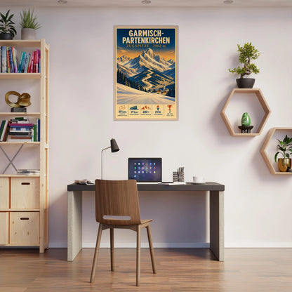 Garmisch framed art print displayed above a desk in a home office.