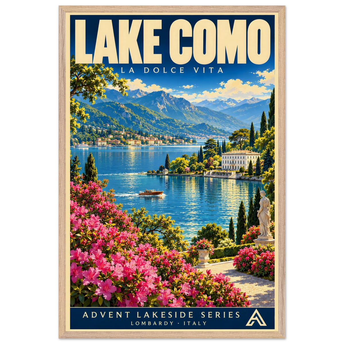 Lake Como art print in a Natural Oak frame, showing a flower-lined terrace overlooking a blue lake, a boat, lakeside villas and distant mountains.
