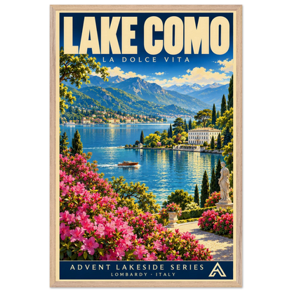 Lake Como art print in a Natural Oak frame, showing a flower-lined terrace overlooking a blue lake, a boat, lakeside villas and distant mountains.