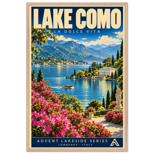 Lake Como art print in a Natural Oak frame, showing a flower-lined terrace overlooking a blue lake, a boat, lakeside villas and distant mountains.