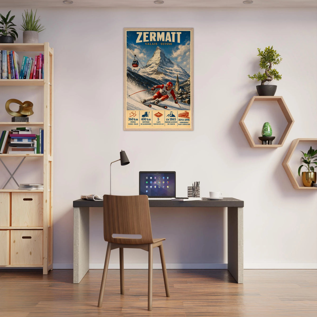 Zermatt framed art print displayed above a desk in a home office.