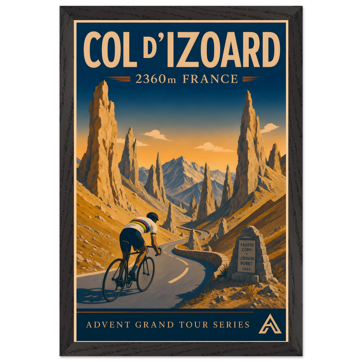 Col d’Izoard art print in a Black Ash frame, showing a cyclist in a white world champion jersey on the winding road through golden Alpine rock spires.