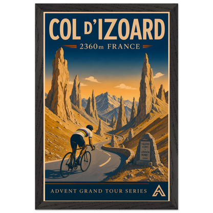 Col d’Izoard art print in a Black Ash frame, showing a cyclist in a white world champion jersey on the winding road through golden Alpine rock spires.