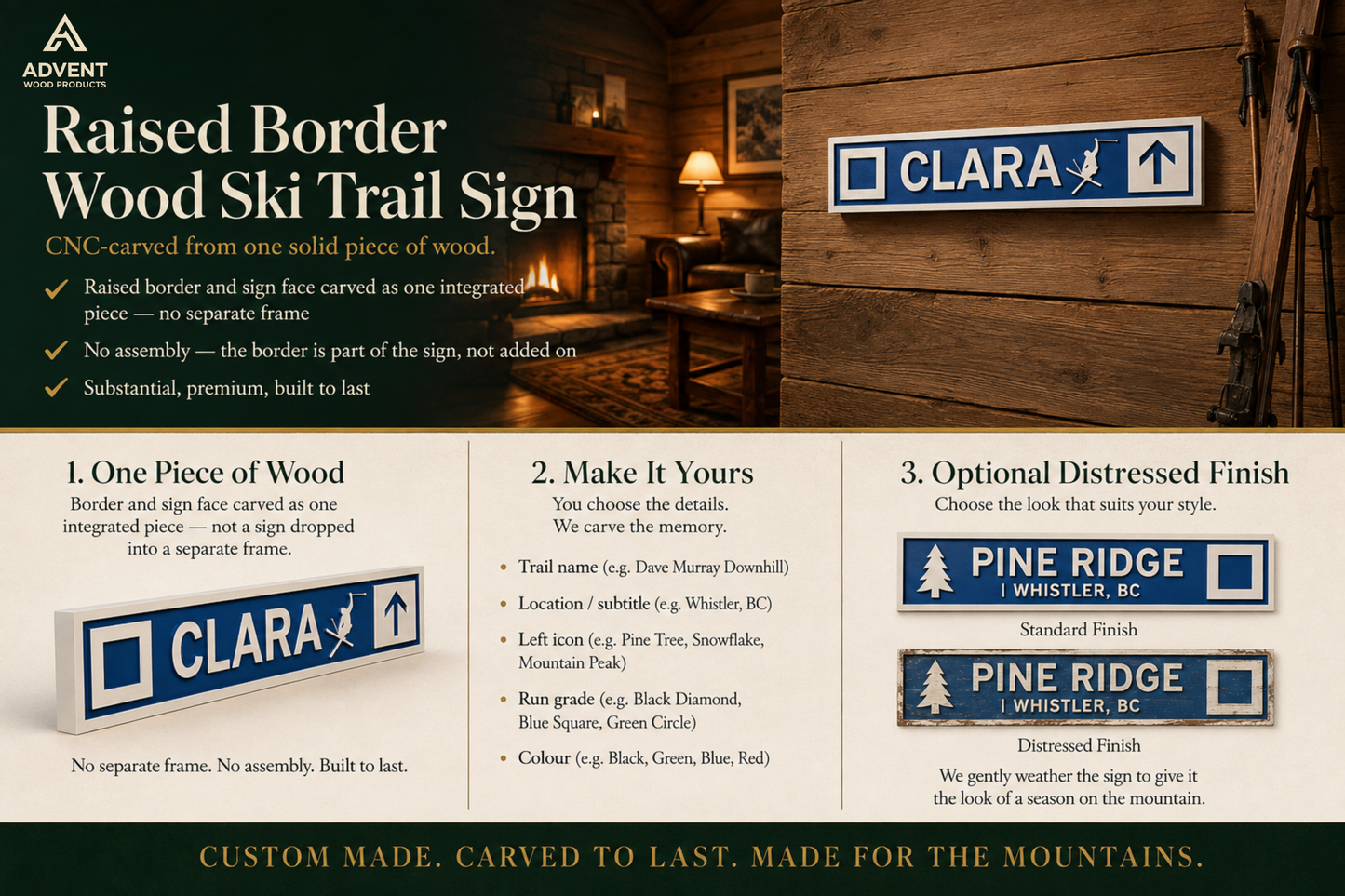 Raised Border Wood Ski Trail Sign: Your Mountain Memory, Captured