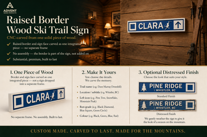 Raised Border Wood Ski Trail Sign: Your Mountain Memory, Captured