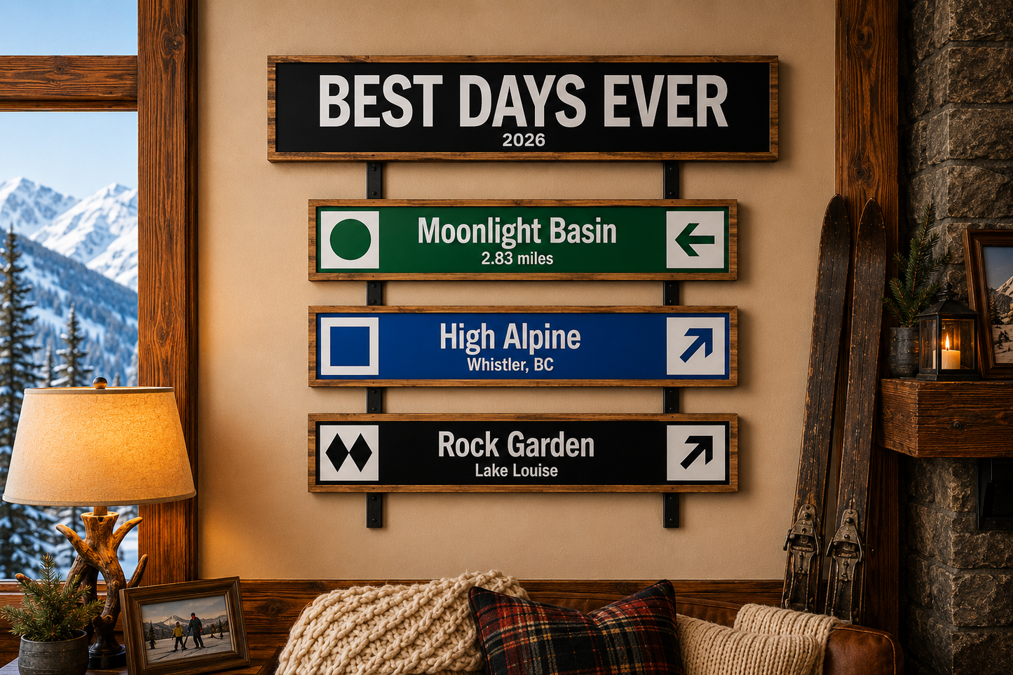 Best Days Ever personalised memory wall concept — header sign with 3 trail signs, framed wood bundle