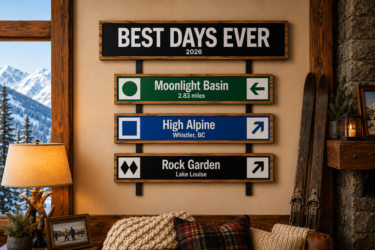 Best Days Ever personalised memory wall concept — header sign with 3 trail signs, framed wood bundle