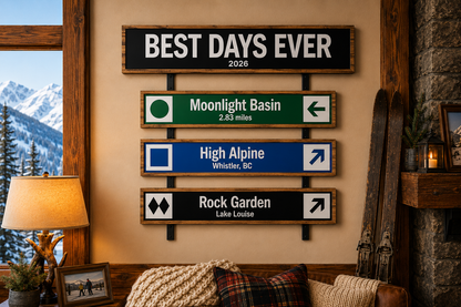 Best Days Ever personalised memory wall concept — header sign with 3 trail signs, framed wood bundle