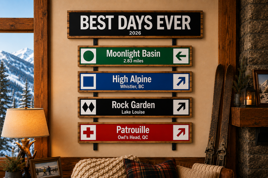 Best Days Ever 5-sign CNC-carved ski trail sign bundle with black canvas strapping, made in BC Canada