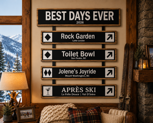 CNC-carved ski trail sign bundle concept — personalised mountain memory wall display