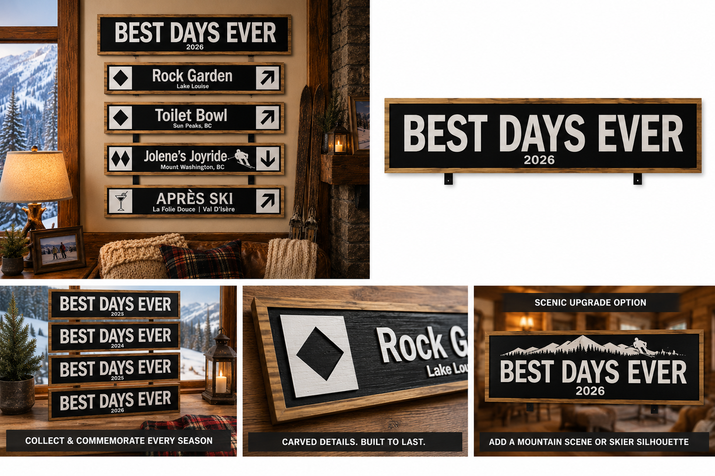 Best Days Ever memory wall — close-up detail of CNC-carved trail sign bundle panel