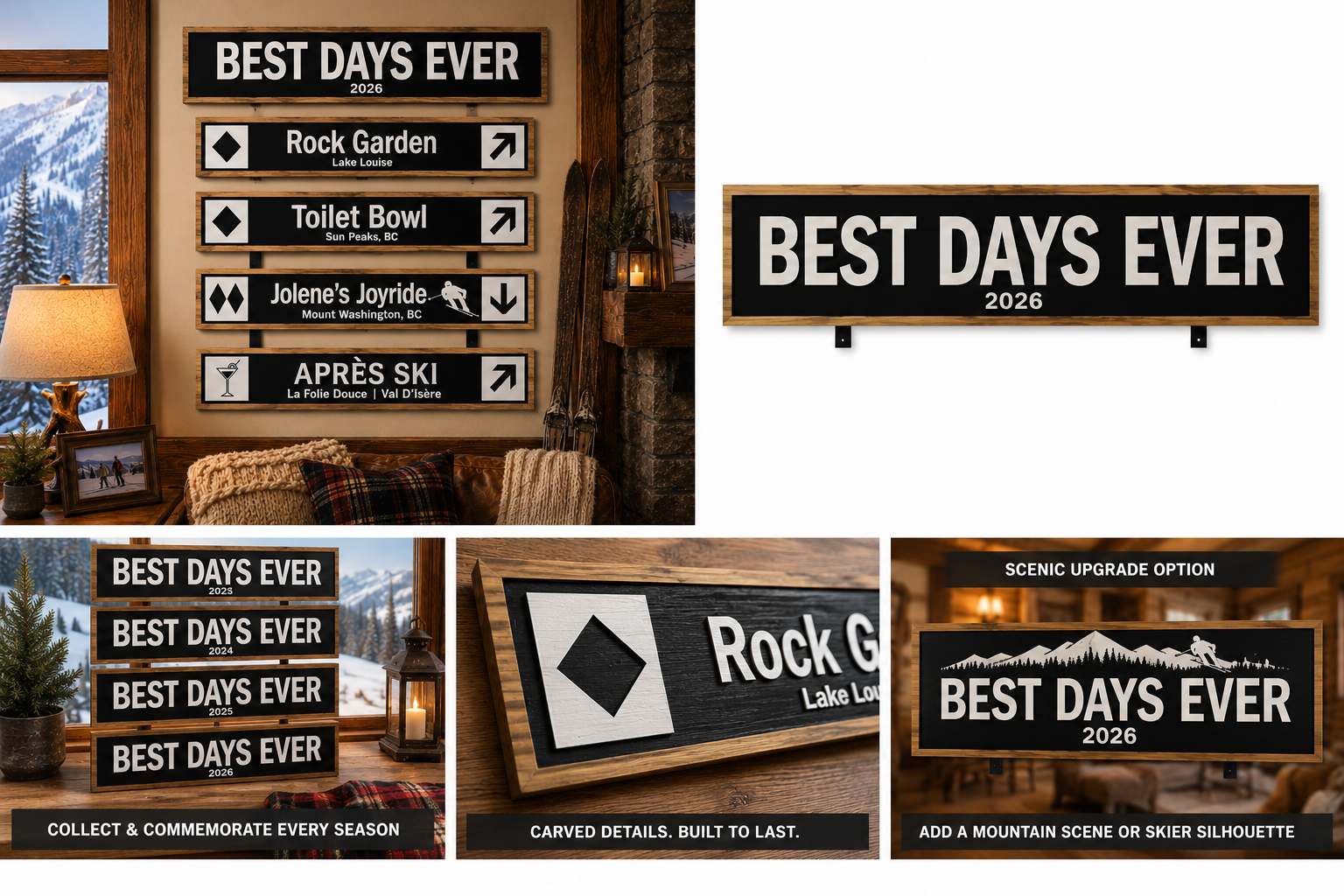 Best Days Ever memory wall — close-up detail of CNC-carved trail sign bundle panel