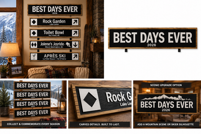 Best Days Ever memory wall — close-up detail of CNC-carved trail sign bundle panel