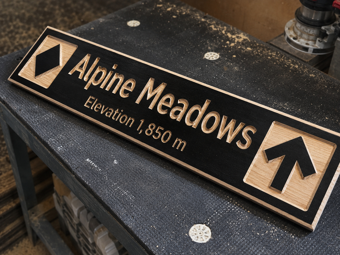 Wooden ski trail sign with 'Alpine Meadows' and elevation details on a workbench.
