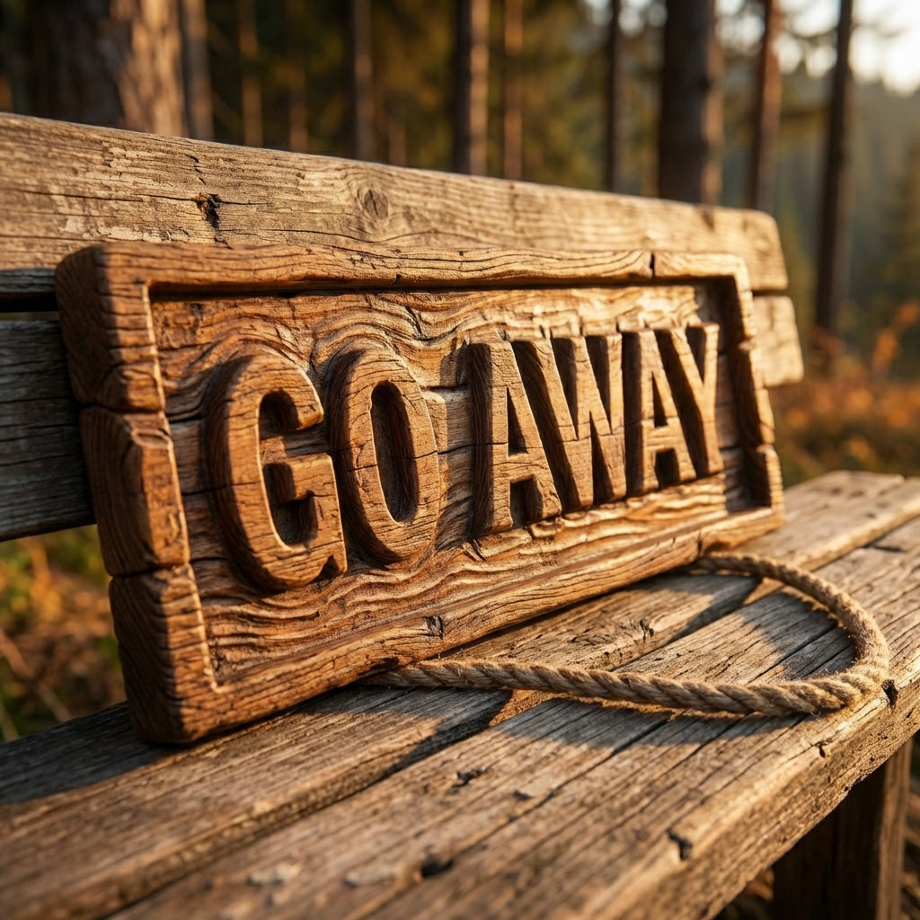 The Unwelcome Sign: Funny 'Go Away' Carved Wood Decor