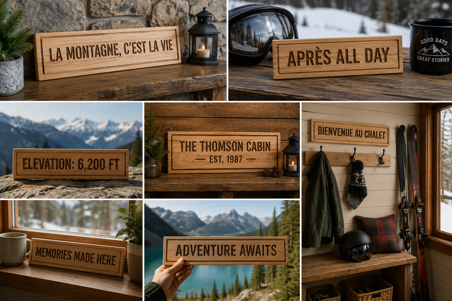 CNC-carved custom wood signs showing personalised mountain text in English and French, displayed in alpine cabin and ski chalet settings, Advent Wood Products