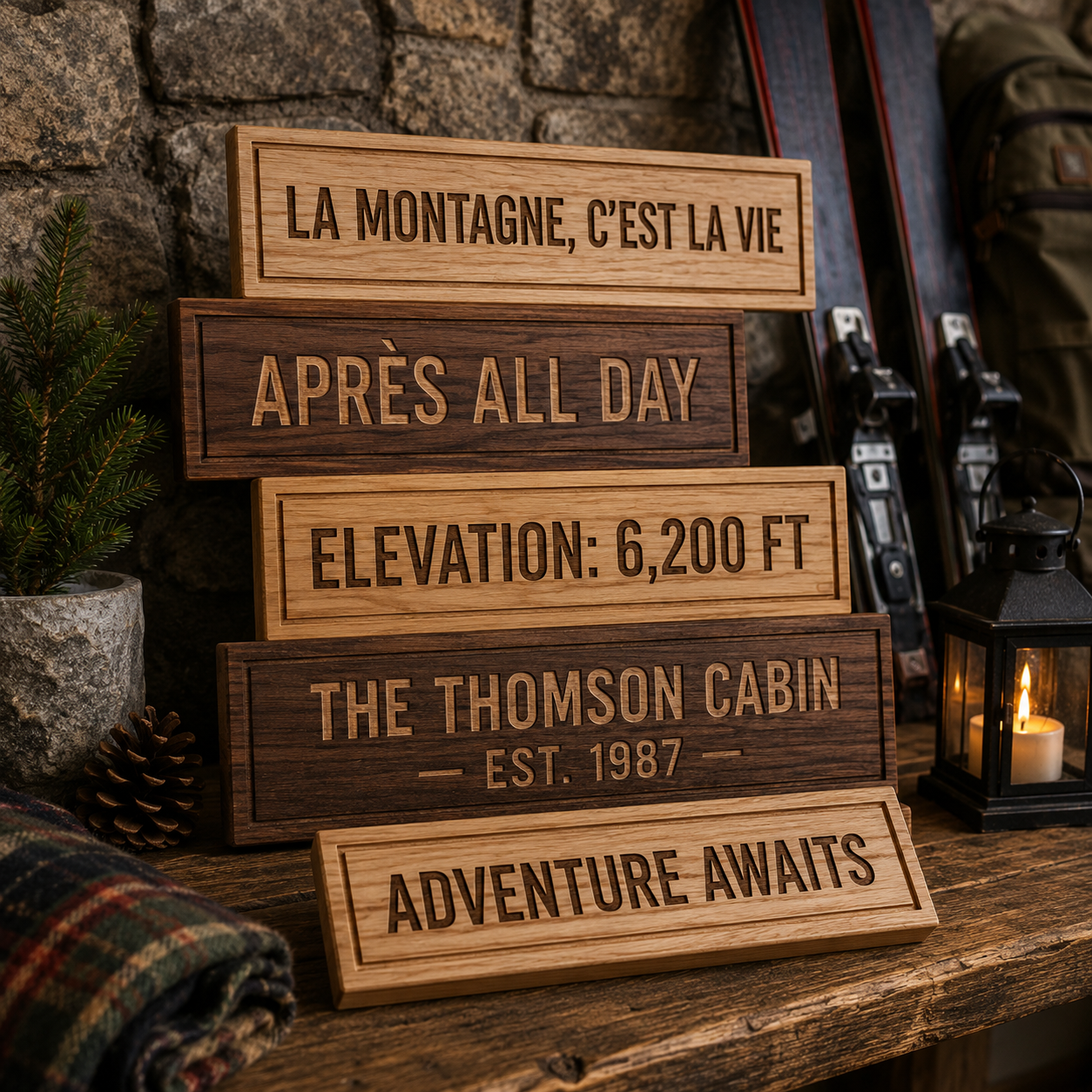 Stack of wooden signs with engraved text in a rustic setting