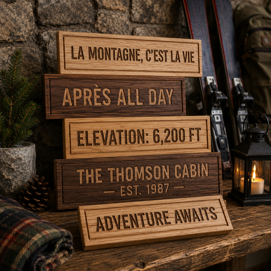 Stack of wooden signs with engraved text in a rustic setting