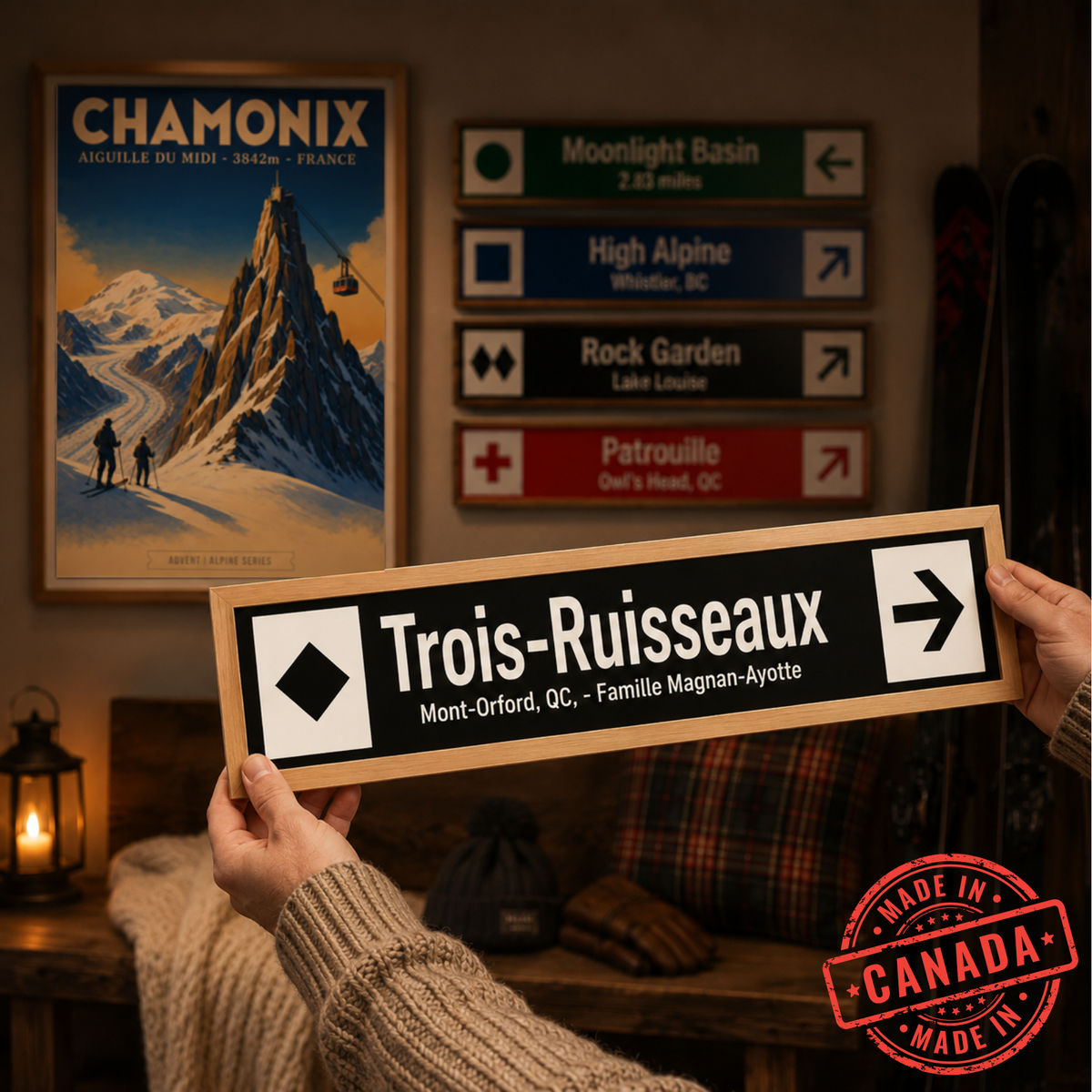 Mountain home with personalised wooden signs and a framed Chamonix art print.
