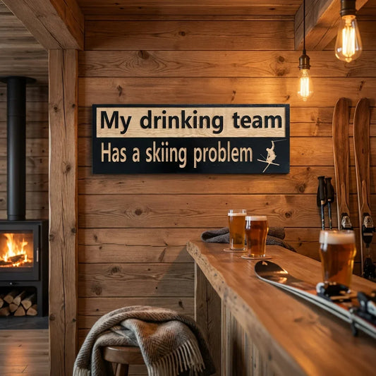 Handcrafted wood sign in cozy ski cabin bar with beer, vintage skis, and fireplace.