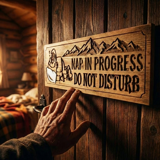 "Nap In Progress" Mountain Sign | Classic Wood Carved Sign