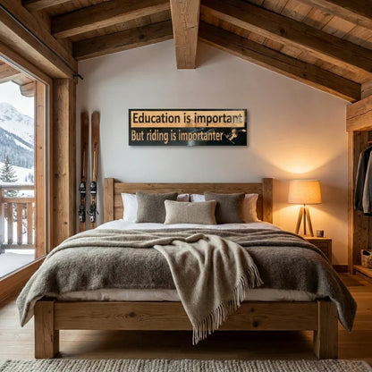 Cozy mountain cabin bedroom with custom ski trail wood sign and vintage skis decor.