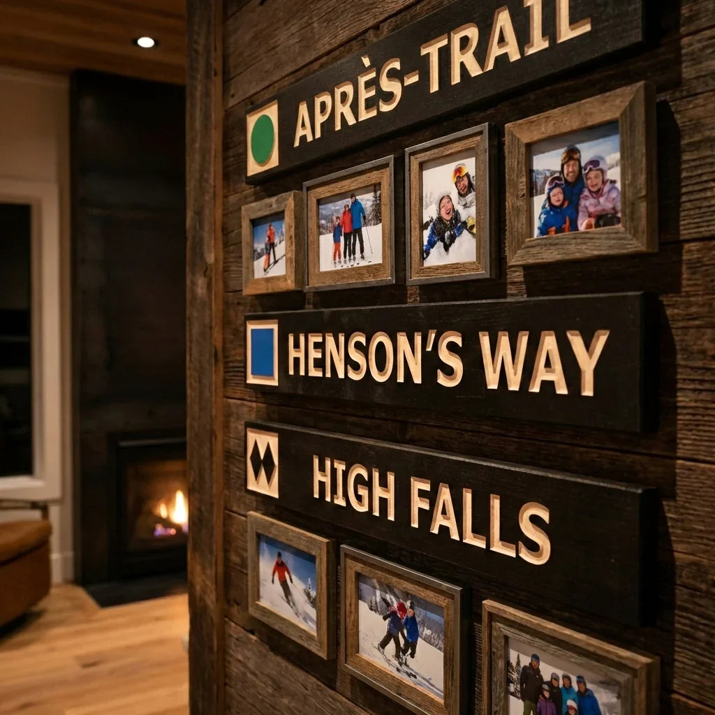 Custom wood ski trail signs with framed family photos, rustic cabin interior, fireplace.