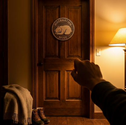 Cute "Hibernation Mode" Bear Sign | Round Carved Wood Decor
