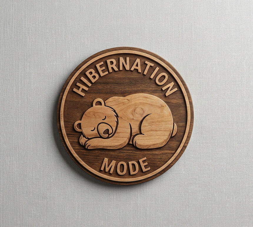 Cute "Hibernation Mode" Bear Sign | Round Carved Wood Decor