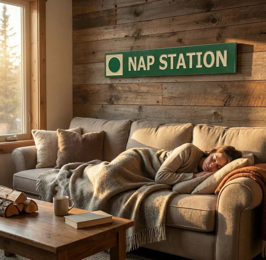 Cozy cabin living room with rustic wood wall, custom 'Nap Station' sign, and woman napping on sofa