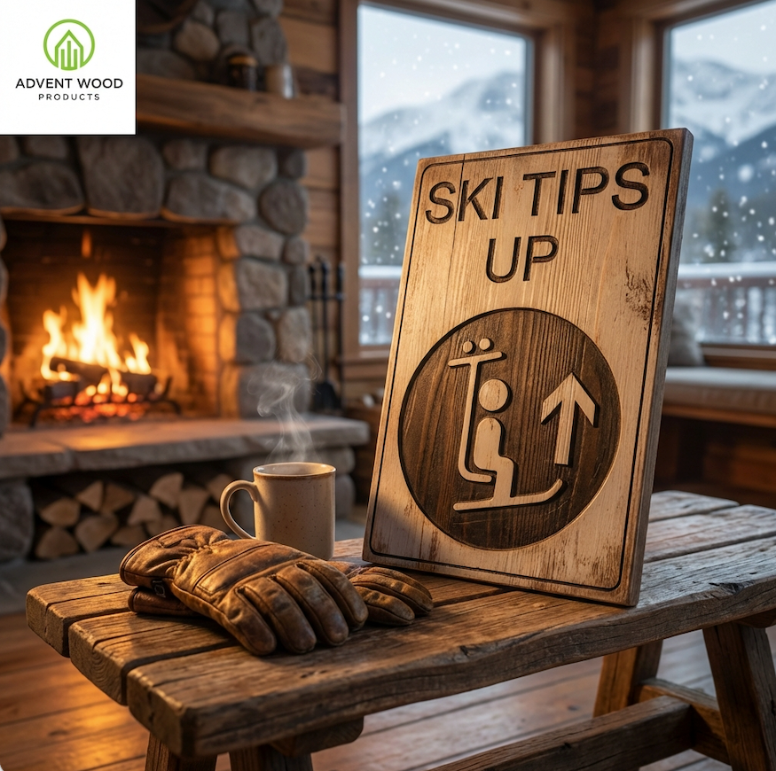 Rustic Wooden Ski Sign - "Ski Tips Up" Cabin Decor