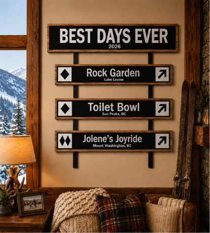 Best Days Ever personalised ski sign bundle — framed wall display with black canvas strapping