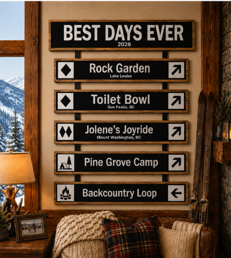Best Days Ever memory wall bundle — lifestyle display of personalised wood ski trail signs