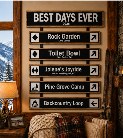 Best Days Ever memory wall bundle — lifestyle display of personalised wood ski trail signs