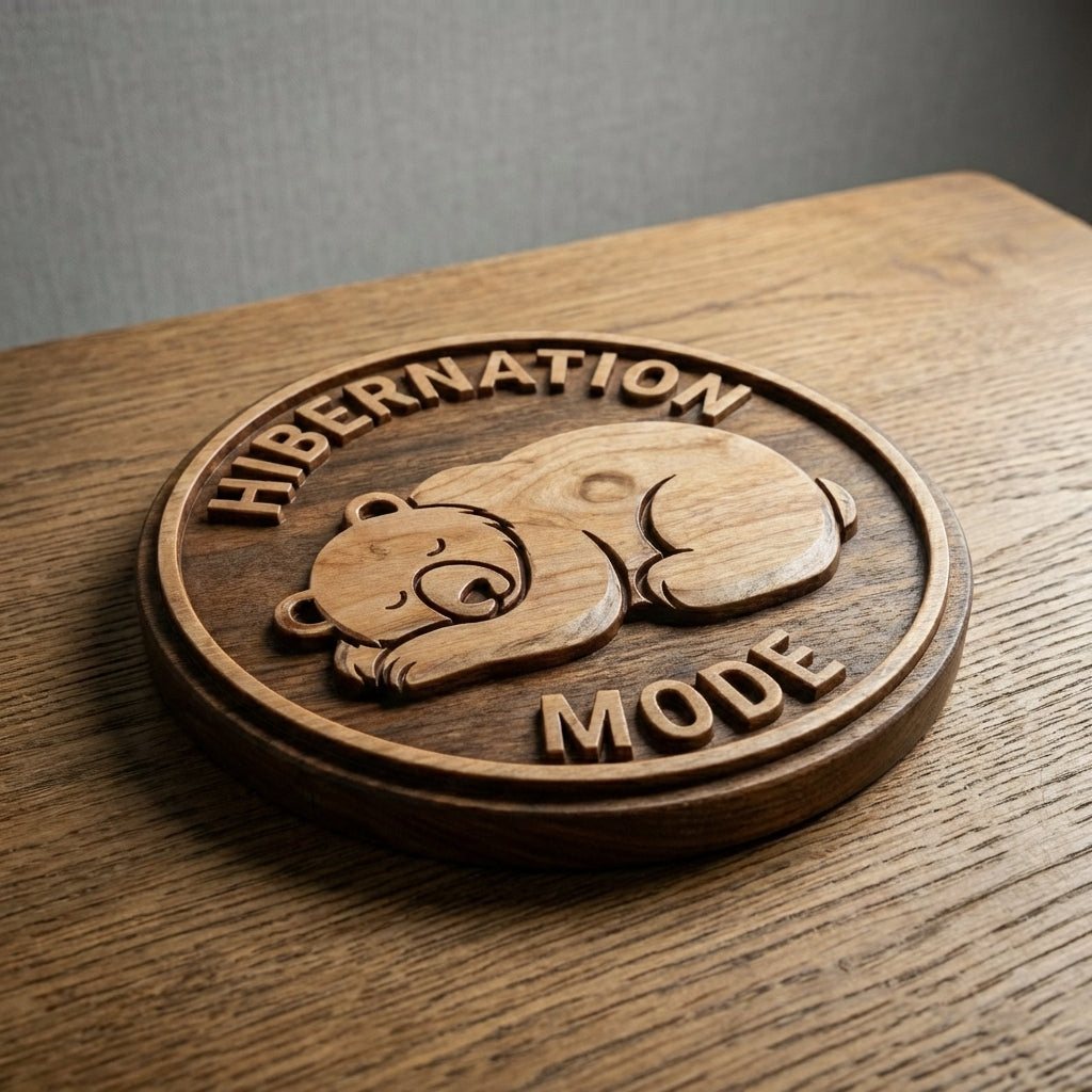 Cute "Hibernation Mode" Bear Sign | Round Carved Wood Decor