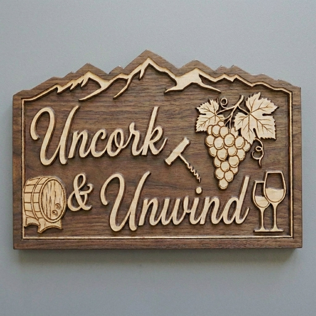 Front view of the "Uncork & Unwind" alpine themed home bar sign.