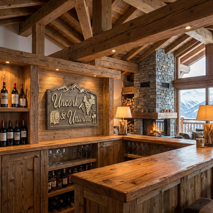 "Uncork & Unwind" Alpine Themed Home Bar Sign