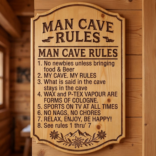"Man Cave Rules" Alpine Themed Wood Sign