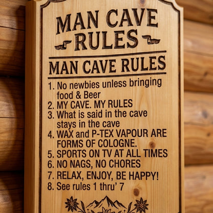 "Man Cave Rules" Alpine Themed Wood Sign