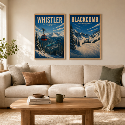 Whistler and Blackcomb framed art prints together above a sofa.