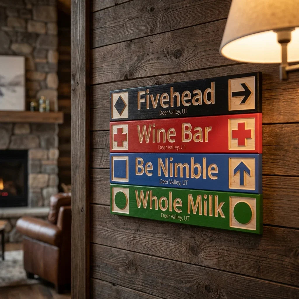 Custom wooden ski trail sign decor with colorful engraved names mounted on rustic wood wall