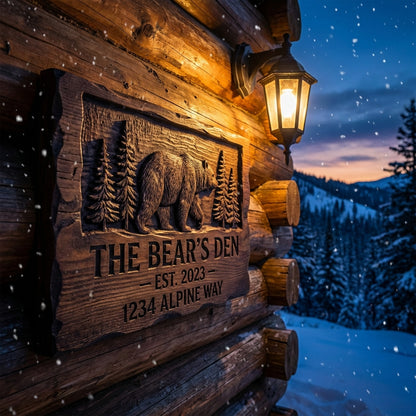 A personalized rustic wooden house number sign featuring a carved bear scene, displaying a custom address.