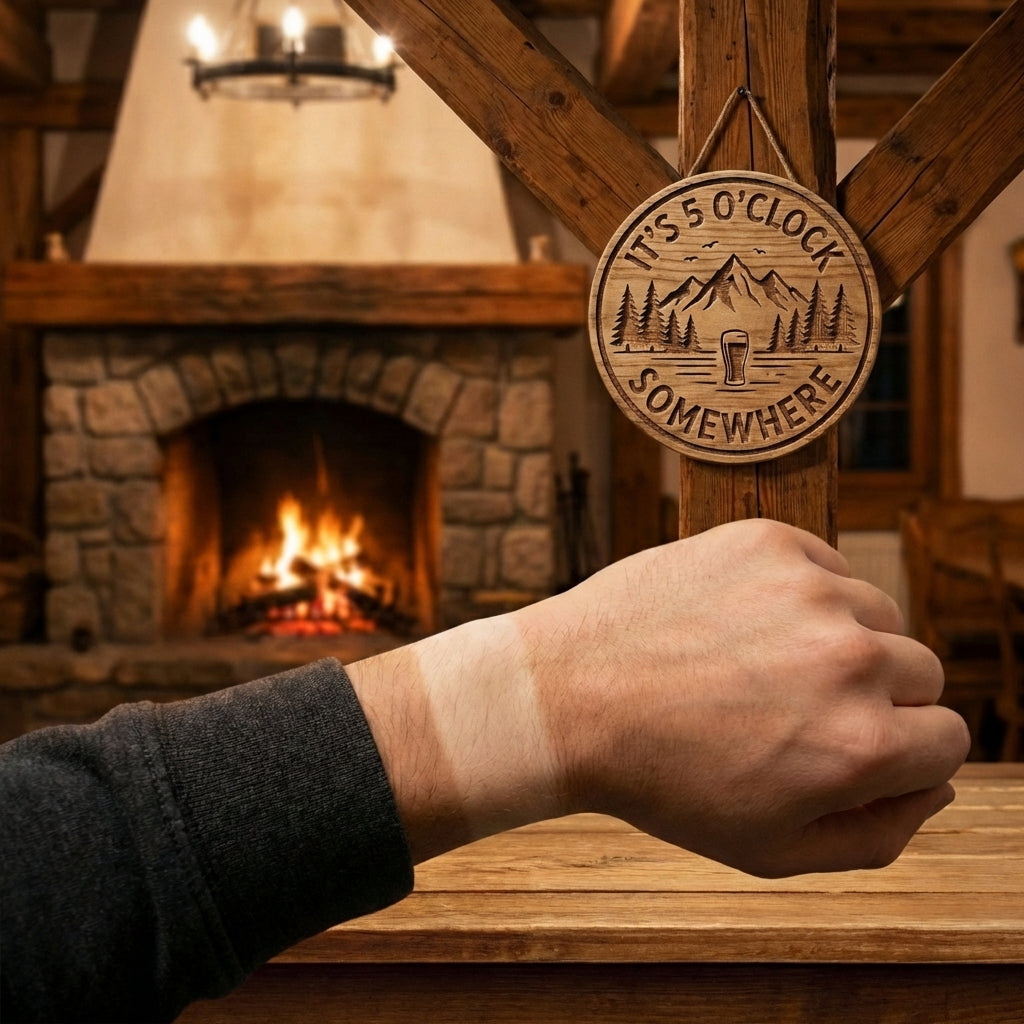 A wooden "It's 5 O'Clock Somewhere" sign hanging on a rustic beam in a chalet