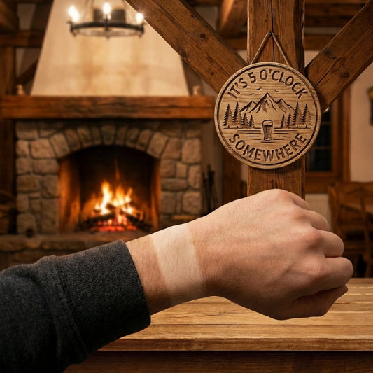 A wooden "It's 5 O'Clock Somewhere" sign hanging on a rustic beam in a chalet