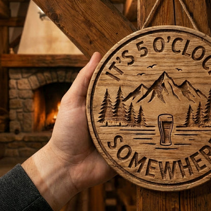 Side view of the "It's 5 O'Clock Somewhere" alpine themed wooden bar sign showing its thickness.