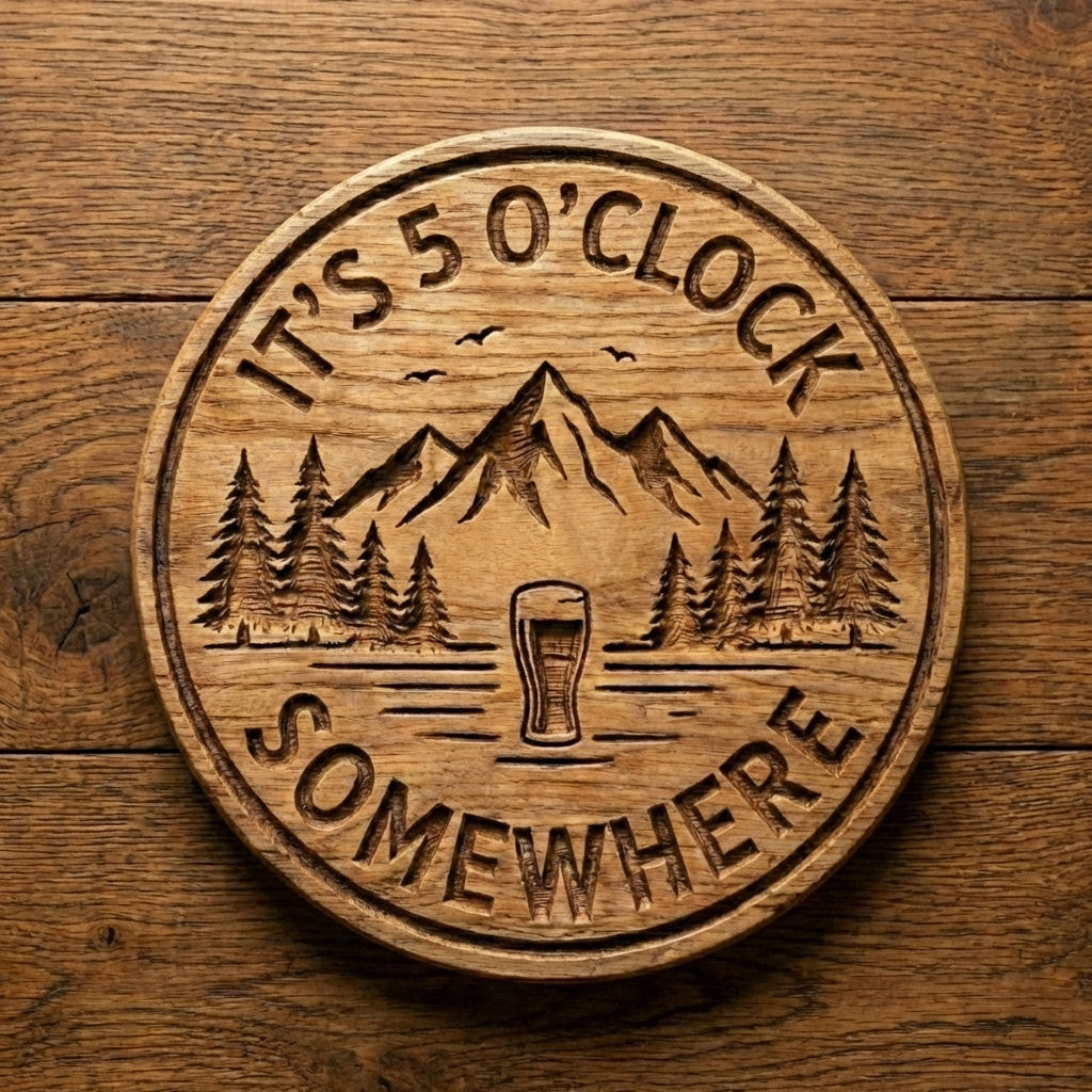 Close-up detail of the carved lettering on the "It's 5 O'Clock Somewhere" wood sign.