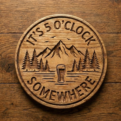 Close-up detail of the carved lettering on the "It's 5 O'Clock Somewhere" wood sign.