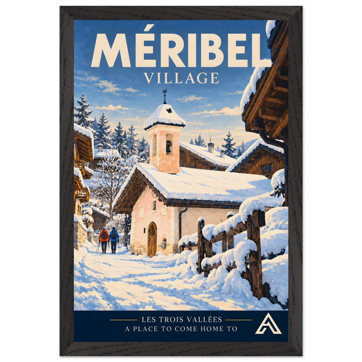 Méribel Village art print in a Black Ash frame, 30x45 cm, showing a snowy chapel, timber chalets and two walkers on a village lane.