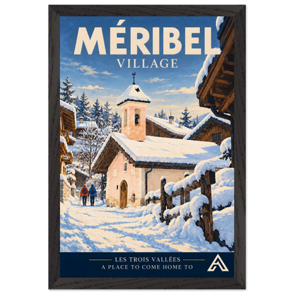 Méribel Village art print in a Black Ash frame, 30x45 cm, showing a snowy chapel, timber chalets and two walkers on a village lane.